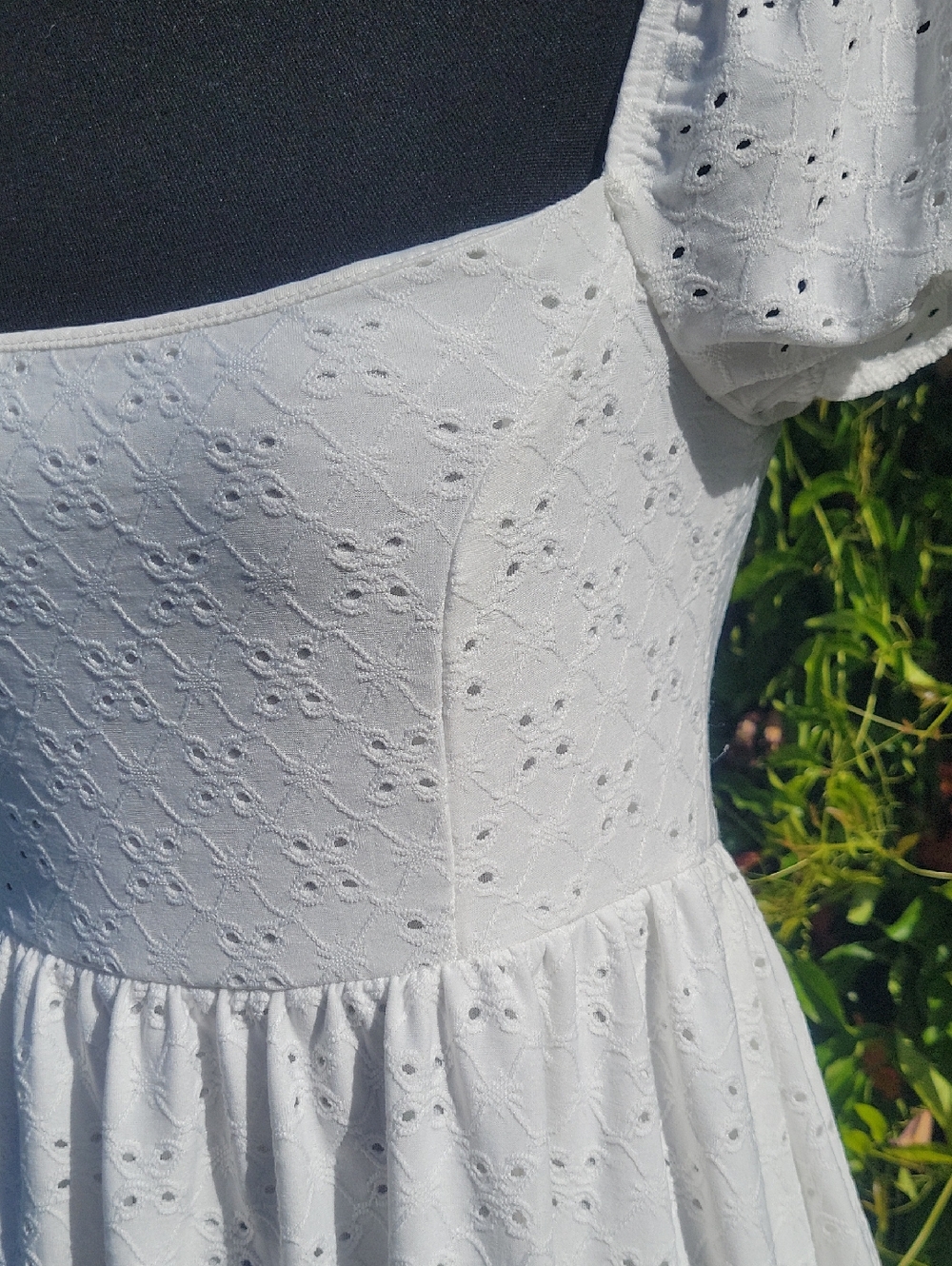 White Eyelet Puff-Sleeve Boho Mini Dress  Graduation Dress M - Picture 11 of 16